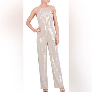 BCBGMAXAZRIA Women's Sleeveless Sequin Halter Wide Leg Jumpsuit